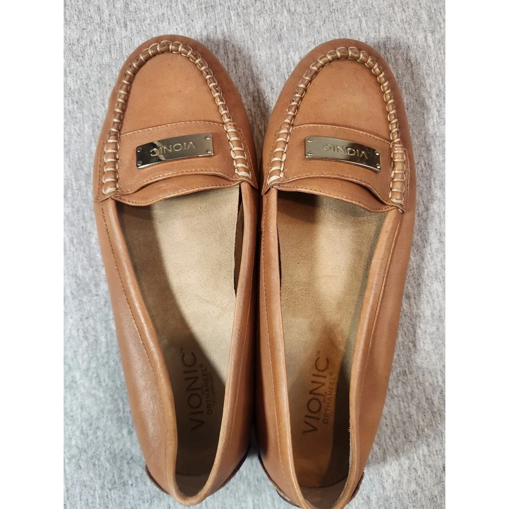 Vionic Sydney Loafers Womens 8 Tan Leather Orthaheel Driving Mocs 456SYDNEY